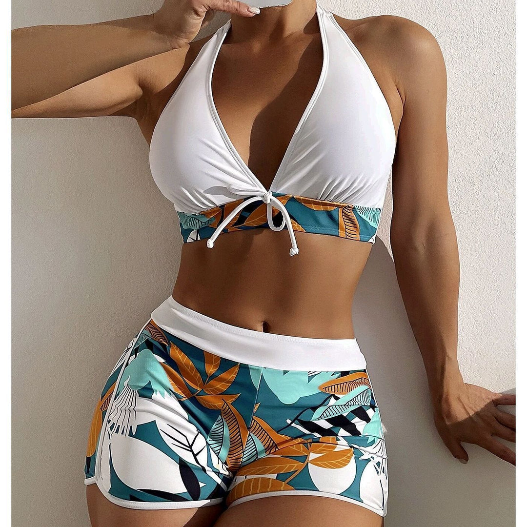 Tropical Print Halter Bikini Top &amp;amp; High-Waisted Swim Shorts Set