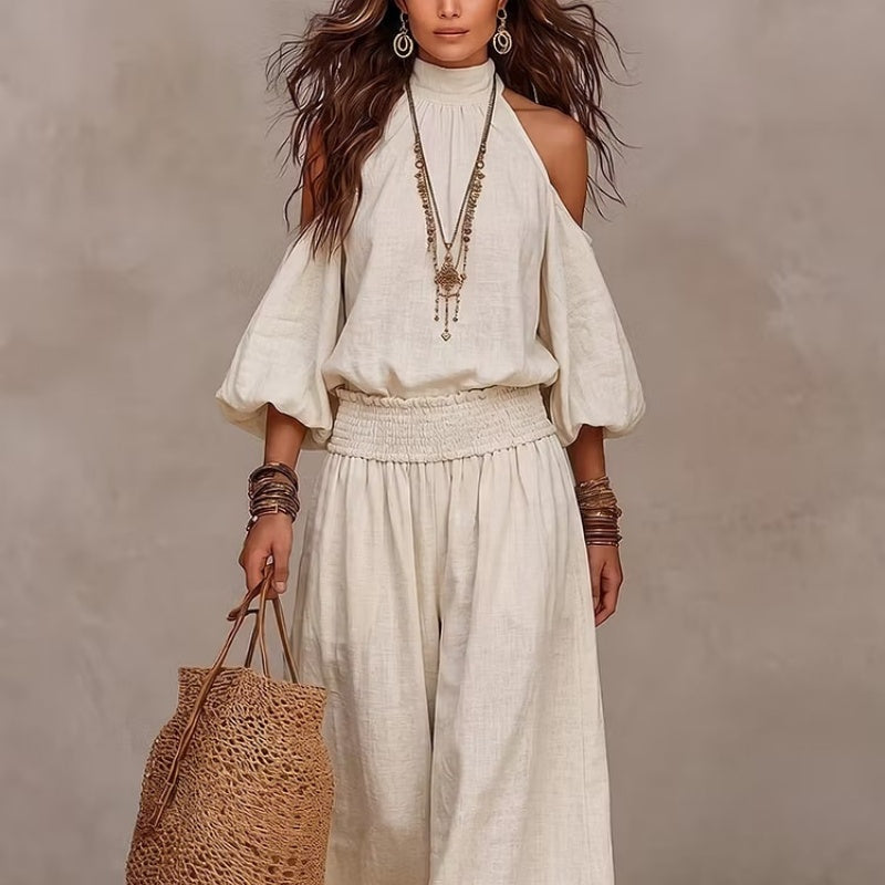 Cold Shoulder Halter Neck Linen Blend Two Piece Set