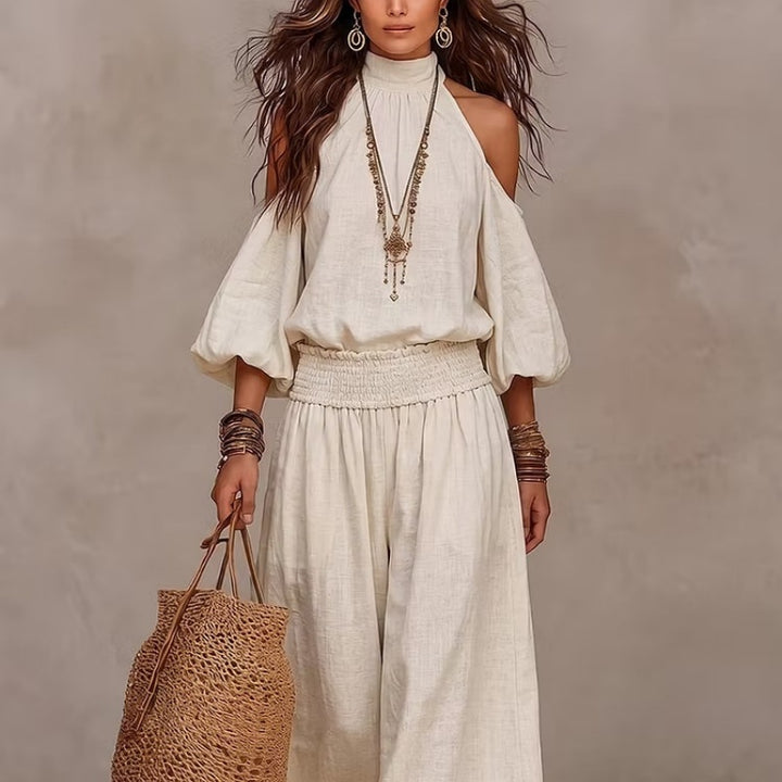 Cold Shoulder Halter Neck Linen Blend Two Piece Set