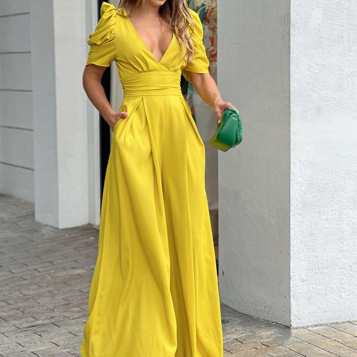 Puff Sleeve V-Neck Wide-Leg Jumpsuit
