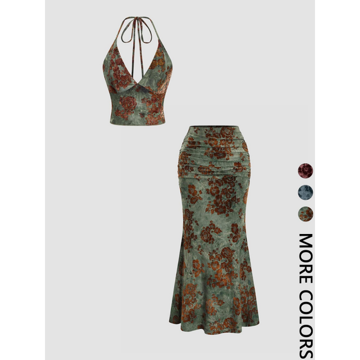 Floral Halter Top Ruched Midi Skirt Two-Piece Set