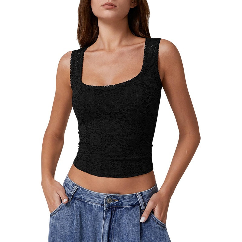 Lace Square Neck Cropped Tank Top