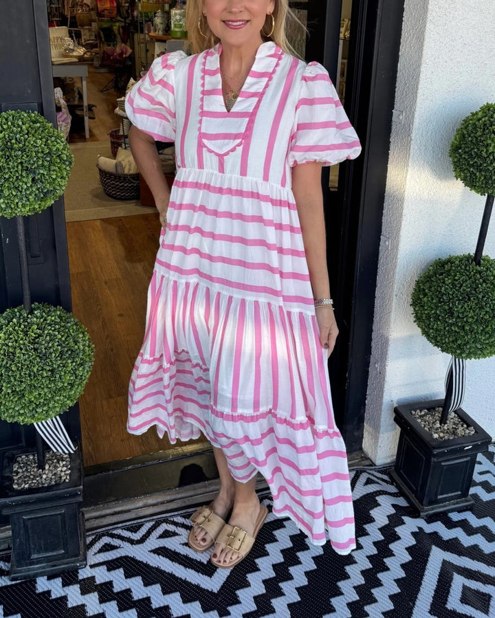 Blue &amp;amp; White Stripe Tiered Midi Dress
