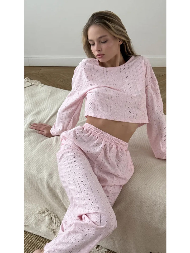 Eyelet Embroidered Two-Piece Lounge Set Soft comfort. Feminine detail. Everyday ease.