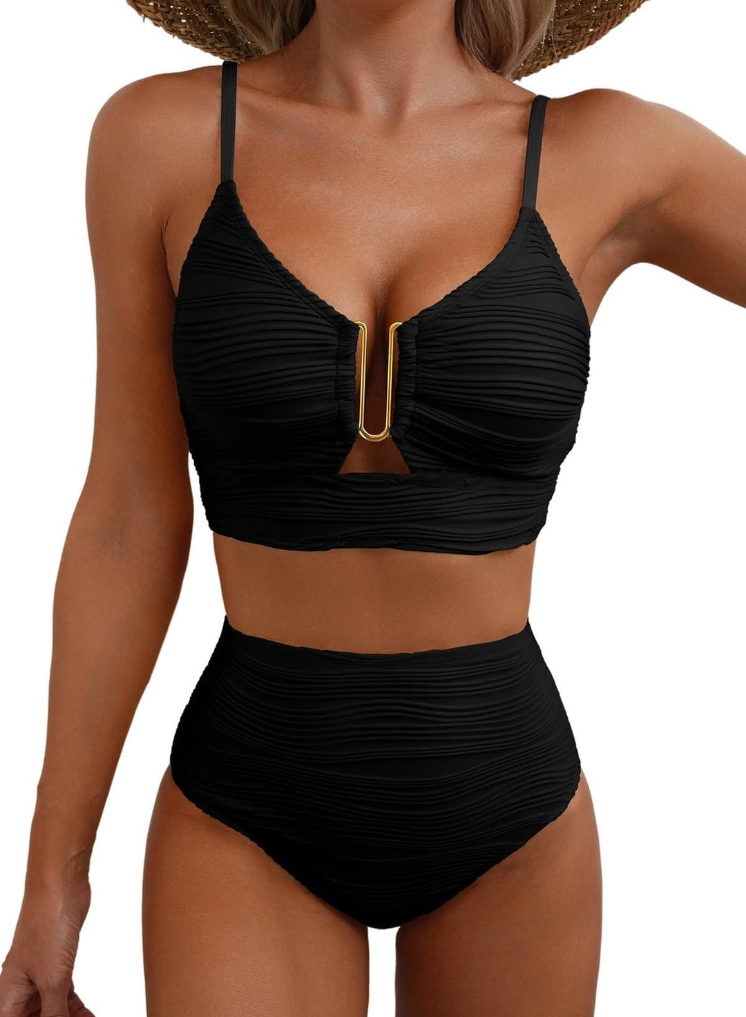2 Piece Bikini Set U-Wire Cutout Popular Swimsuit High Waisted Textured 2026 Summer Beach Swim Bathing Suits