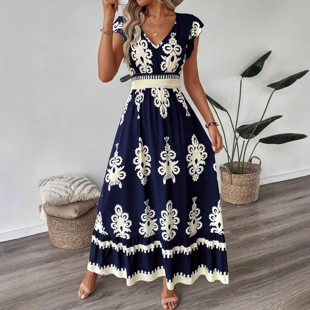 Navy Blue Printed Smocked Waist Maxi Dress