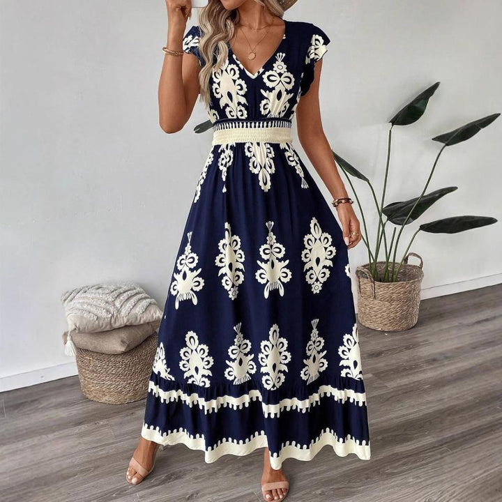 Navy Blue Printed Smocked Waist Maxi Dress