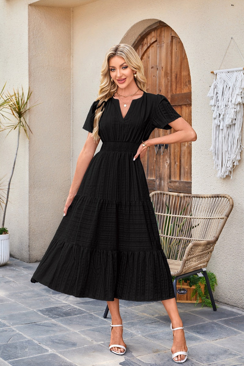 Navy Blue Tiered Smocked Waist Midi Dress