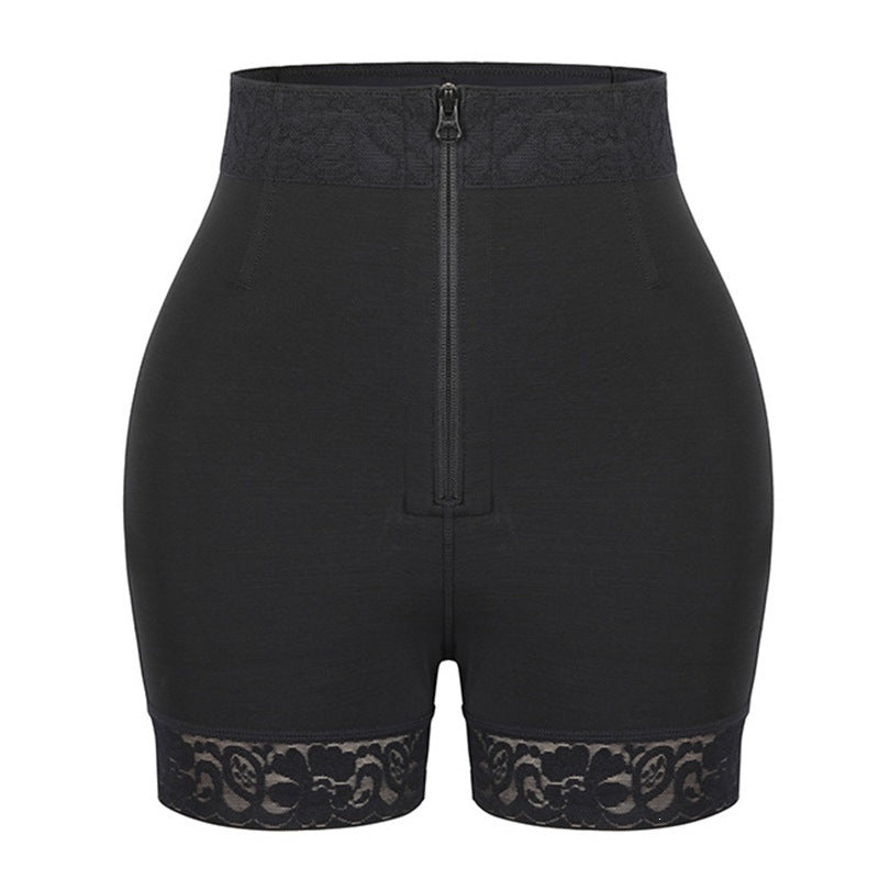 High-Waisted Lace Trim Shapewear Shorts, Zipper Tummy Control Body Shaper
