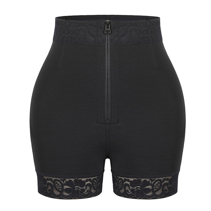 High-Waisted Lace Trim Shapewear Shorts, Zipper Tummy Control Body Shaper