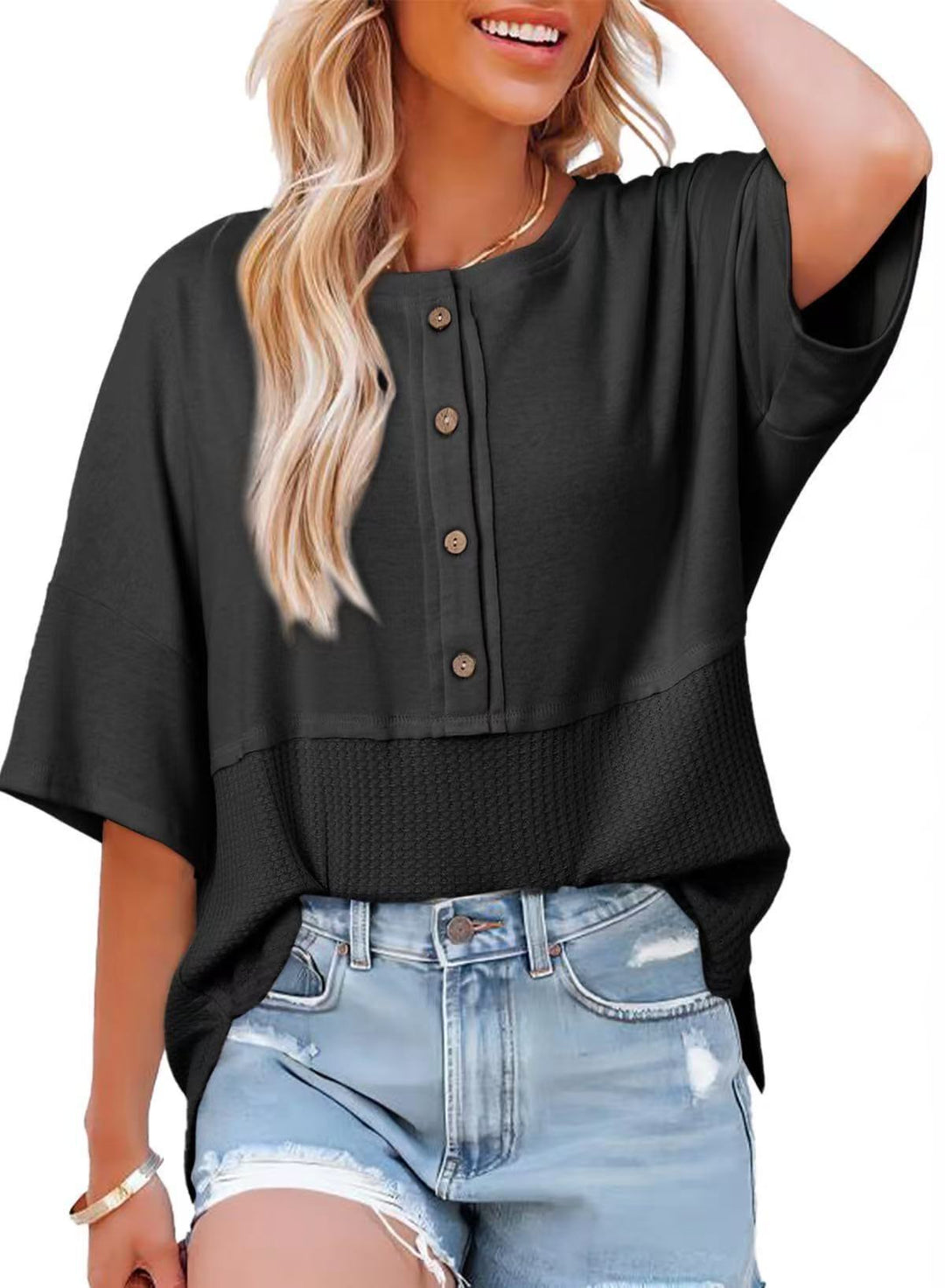 Olive Waffle Knit Henley Short Sleeve Top