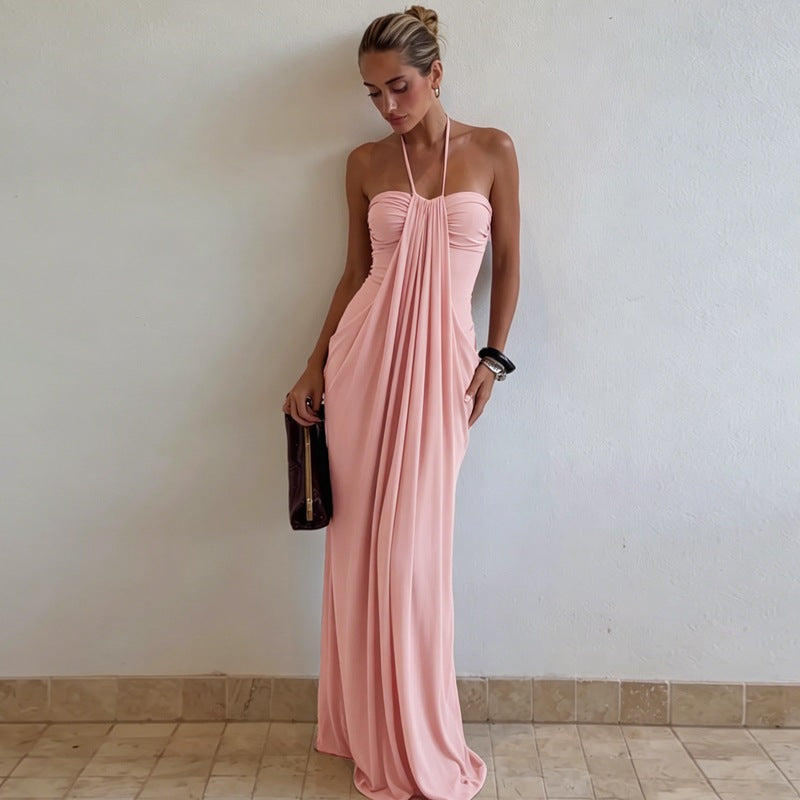 Draped Halter Neck Soft Jersey Midi Slip Dress in Pale Sky Blue