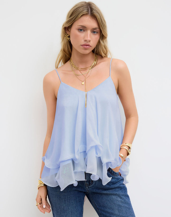 Mother’s Day Blush Pink Ruffle Cami Top | V-Neck Chiffon Tie-Back Babydoll Tank