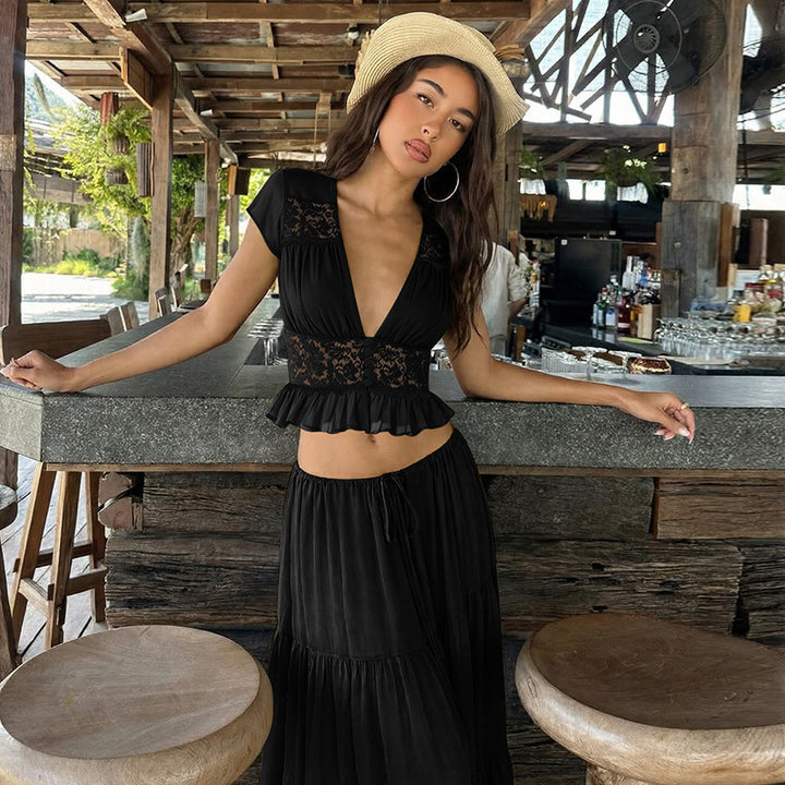 Sage Green Lace Corset Crop Top &amp;amp; Tiered Maxi Skirt 2-Piece Set