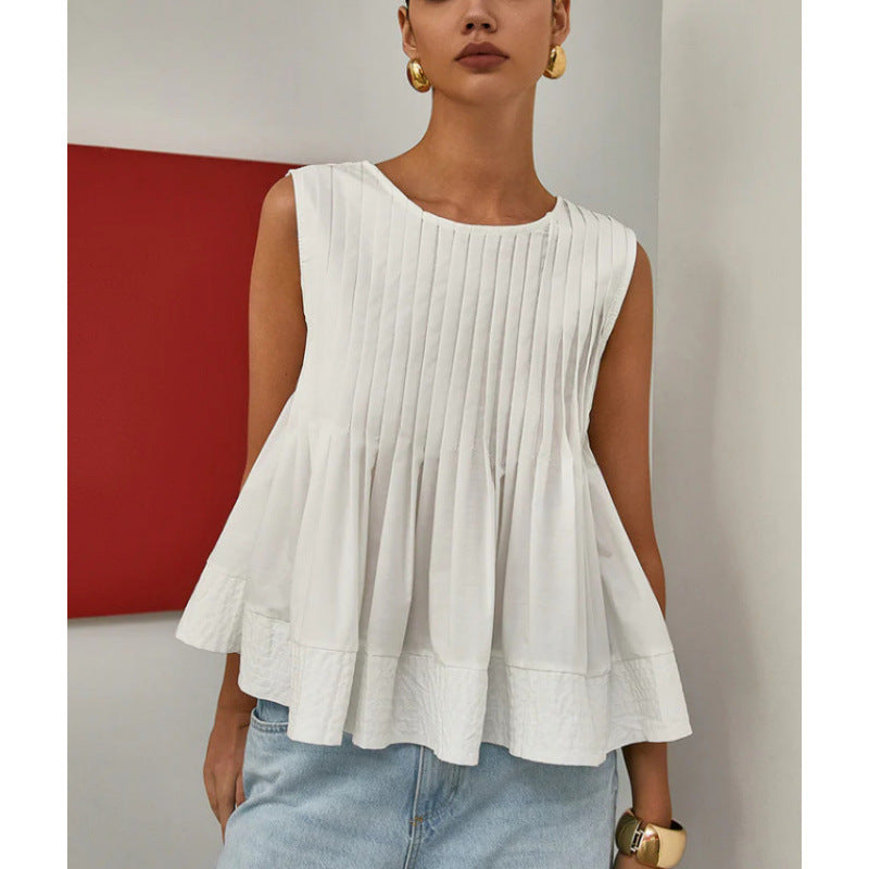 Pleated Peplum Sleeveless Blouse, Round Neck Flowy Summer Top