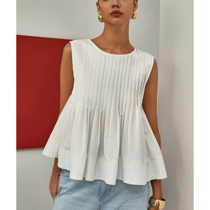 Pleated Peplum Sleeveless Blouse, Round Neck Flowy Summer Top