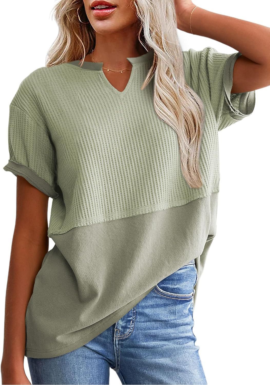 Waffle Knit Split-Neck Short Sleeve Top, Soft Textured Casual Tee
