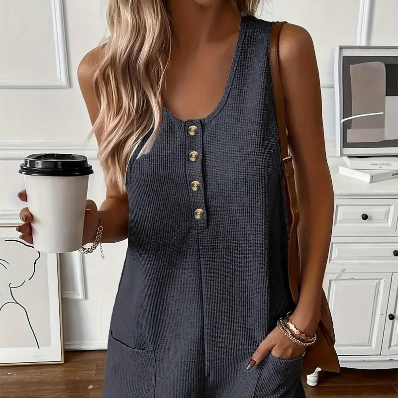 Sleeveless Waffle Knit Henley Romper
