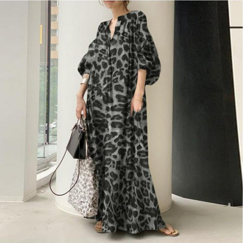 Leopard Print V-Neck Balloon Sleeve Maxi Dress