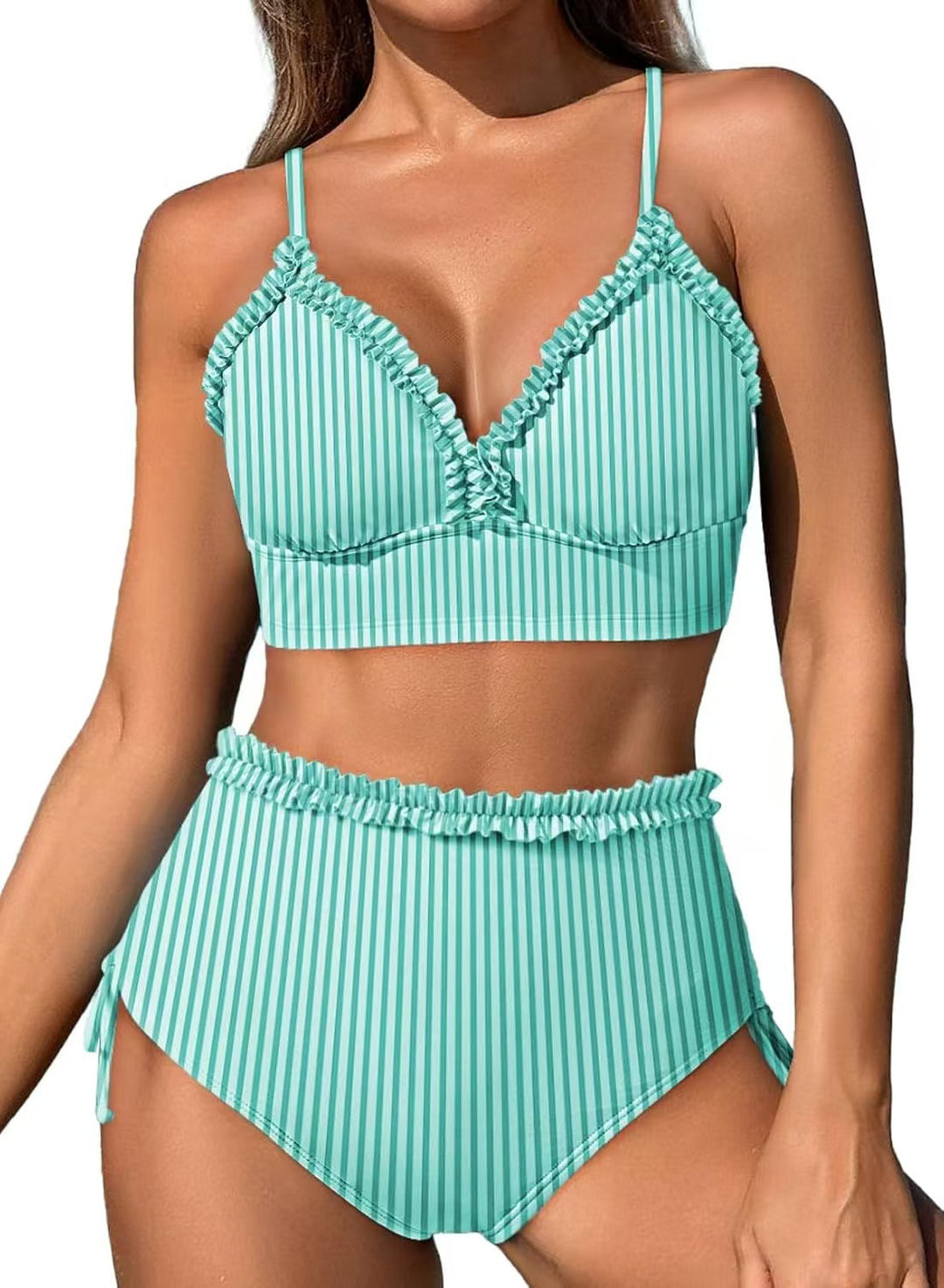 Striped Ruffle High-Waisted Bikini Set
