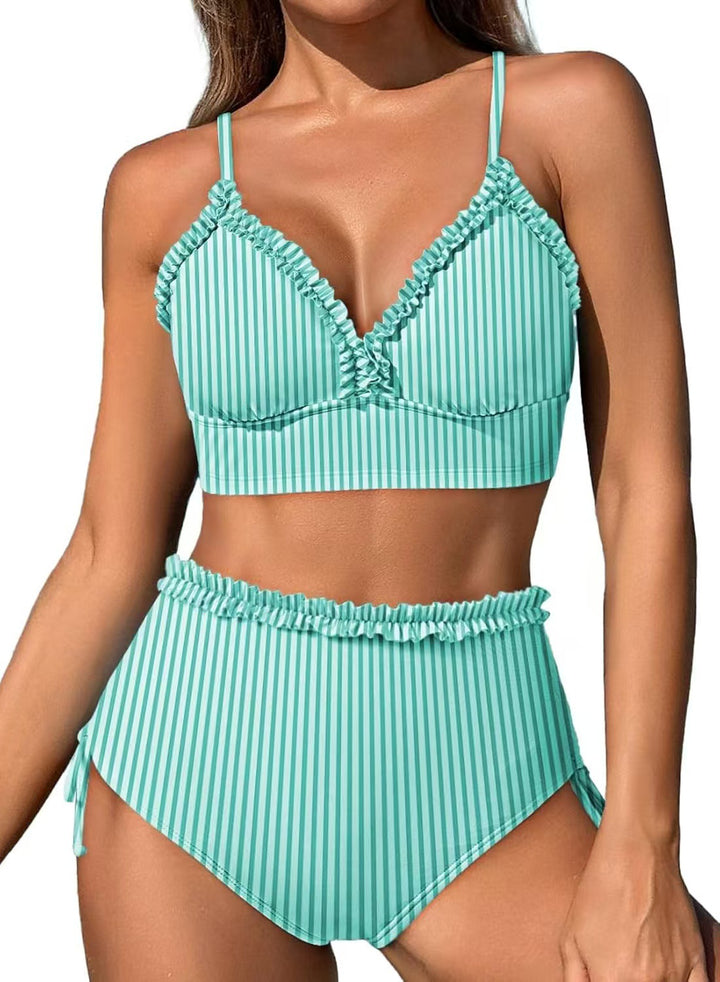 Striped Ruffle High-Waisted Bikini Set