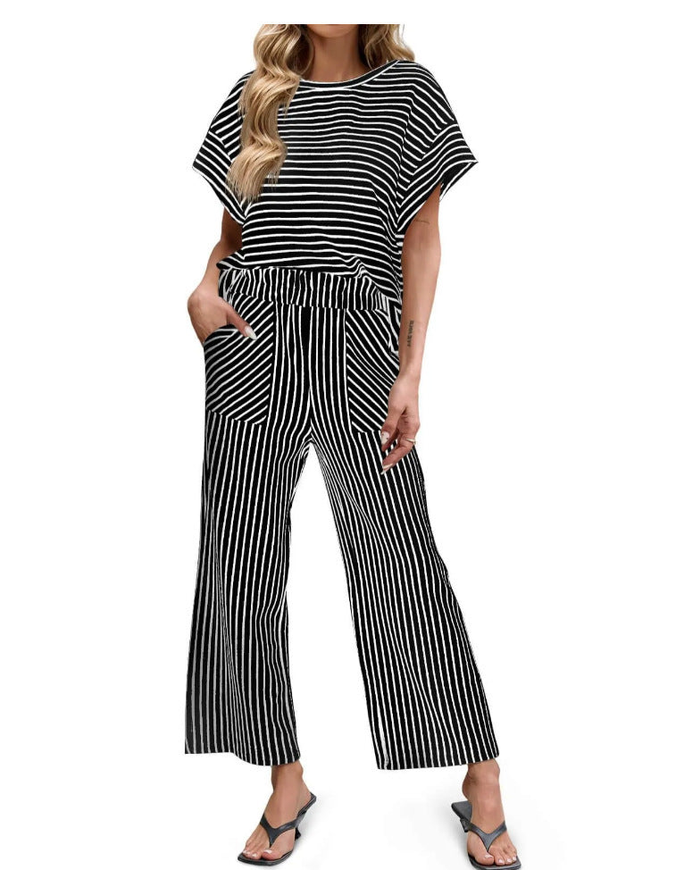 Womens Striped 2 Piece Sets Short Sleeve T Shirts Wide Leg Pants Matching Lounge Set with Pockets