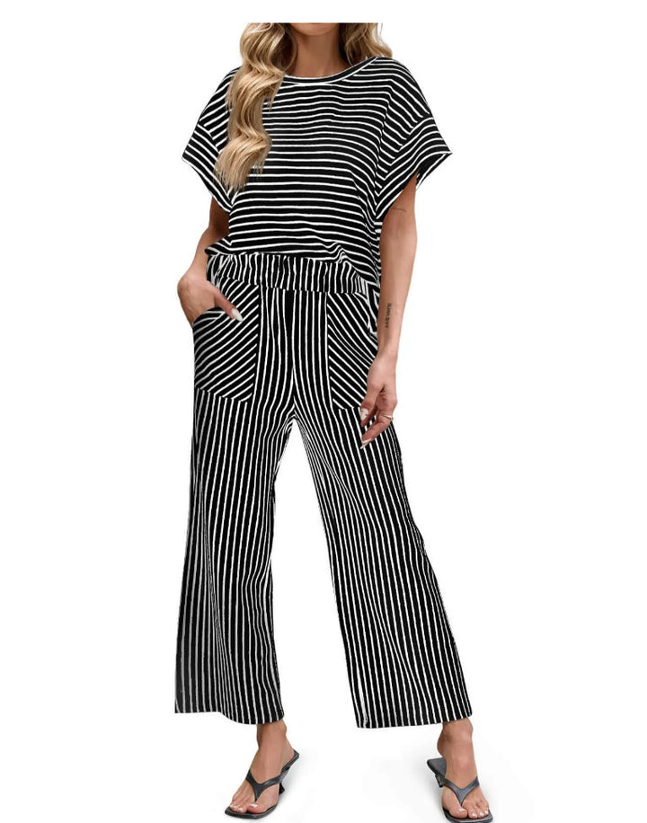 Womens Striped 2 Piece Sets Short Sleeve T Shirts Wide Leg Pants Matching Lounge Set with Pockets