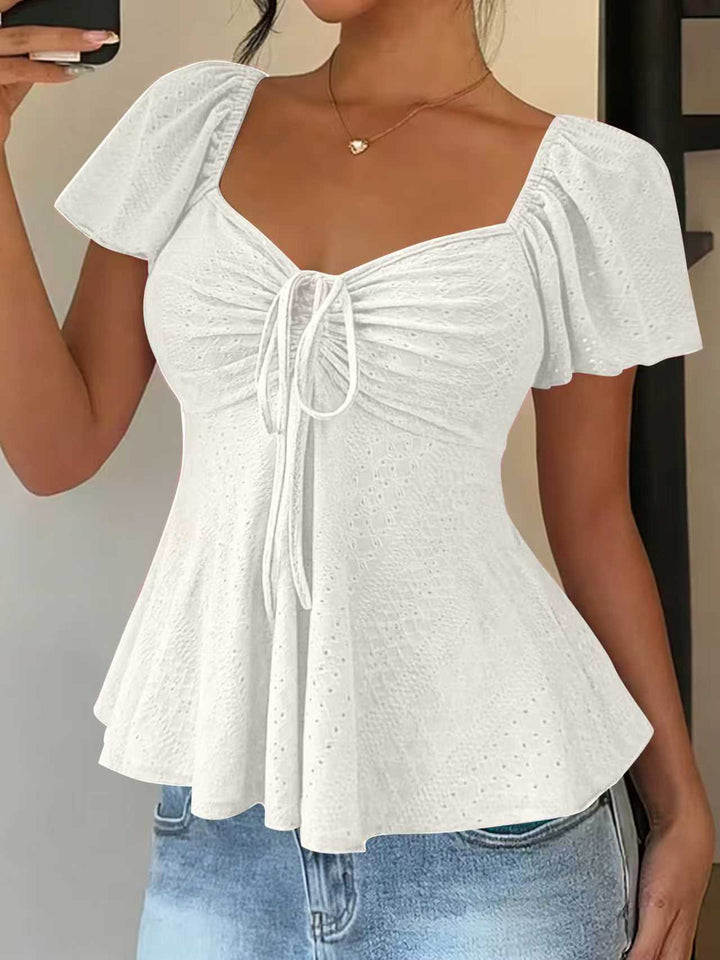 White Eyelet Square Neck Peplum Blouse with Tie Detail