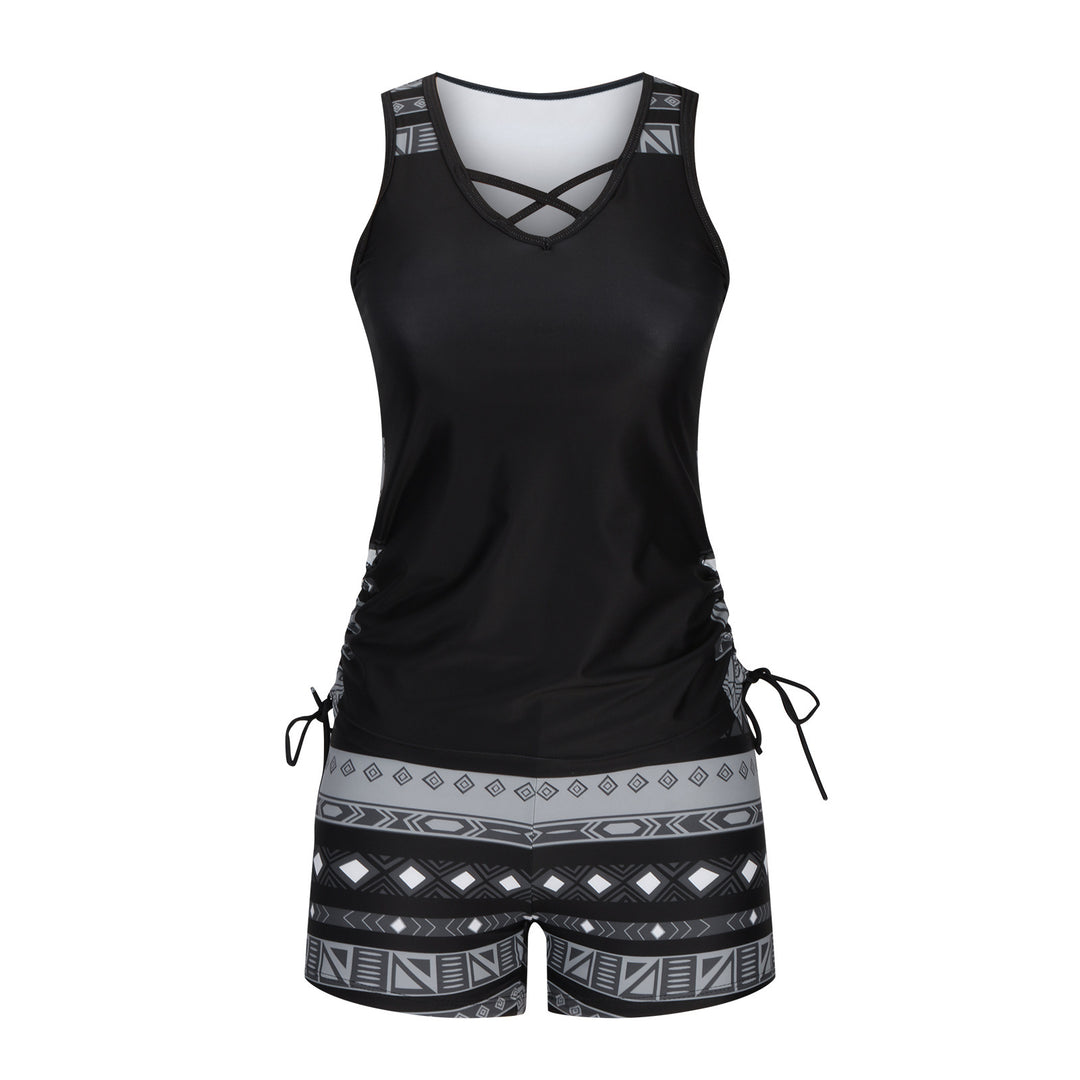 Women Fashion Two-Piece Tankini Set, Criss Cross &amp; Drawstring Design