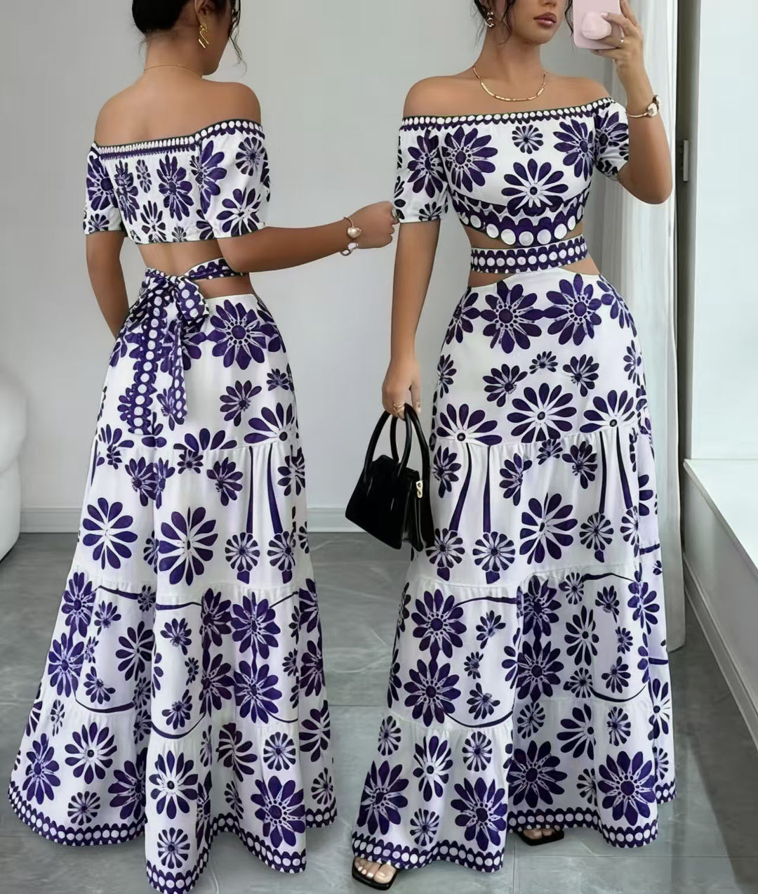 Floral Off-Shoulder Waist Cutout Dress