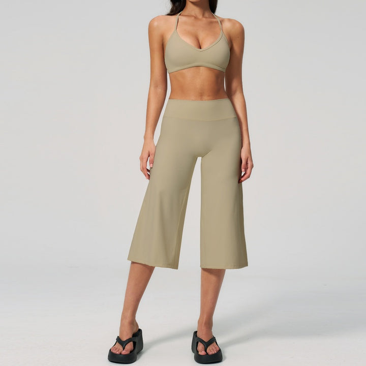 Halter V-Neck Crop Top High-Waist Culotte Pants Two-Piece Set