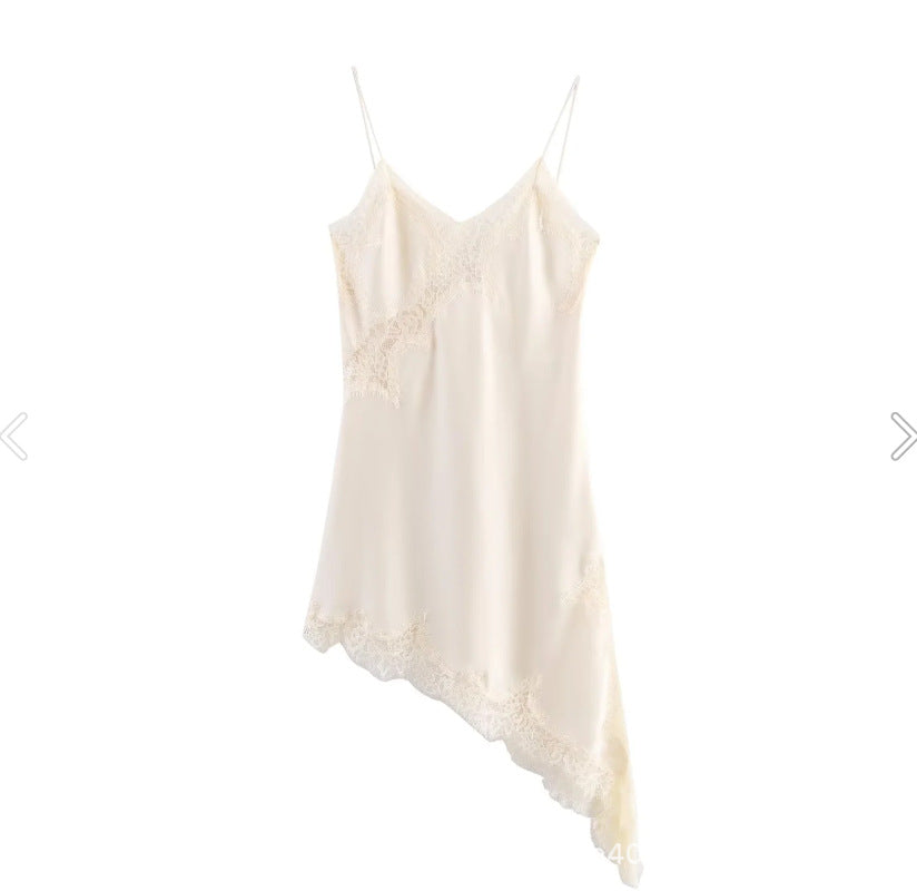 Lace Trim Satin Asymmetrical Slip Dress