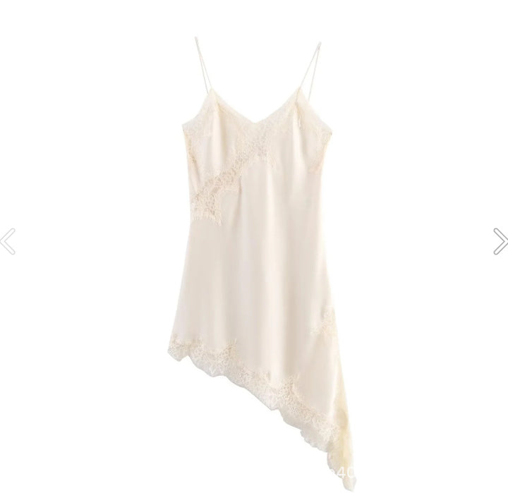 Lace Trim Satin Asymmetrical Slip Dress