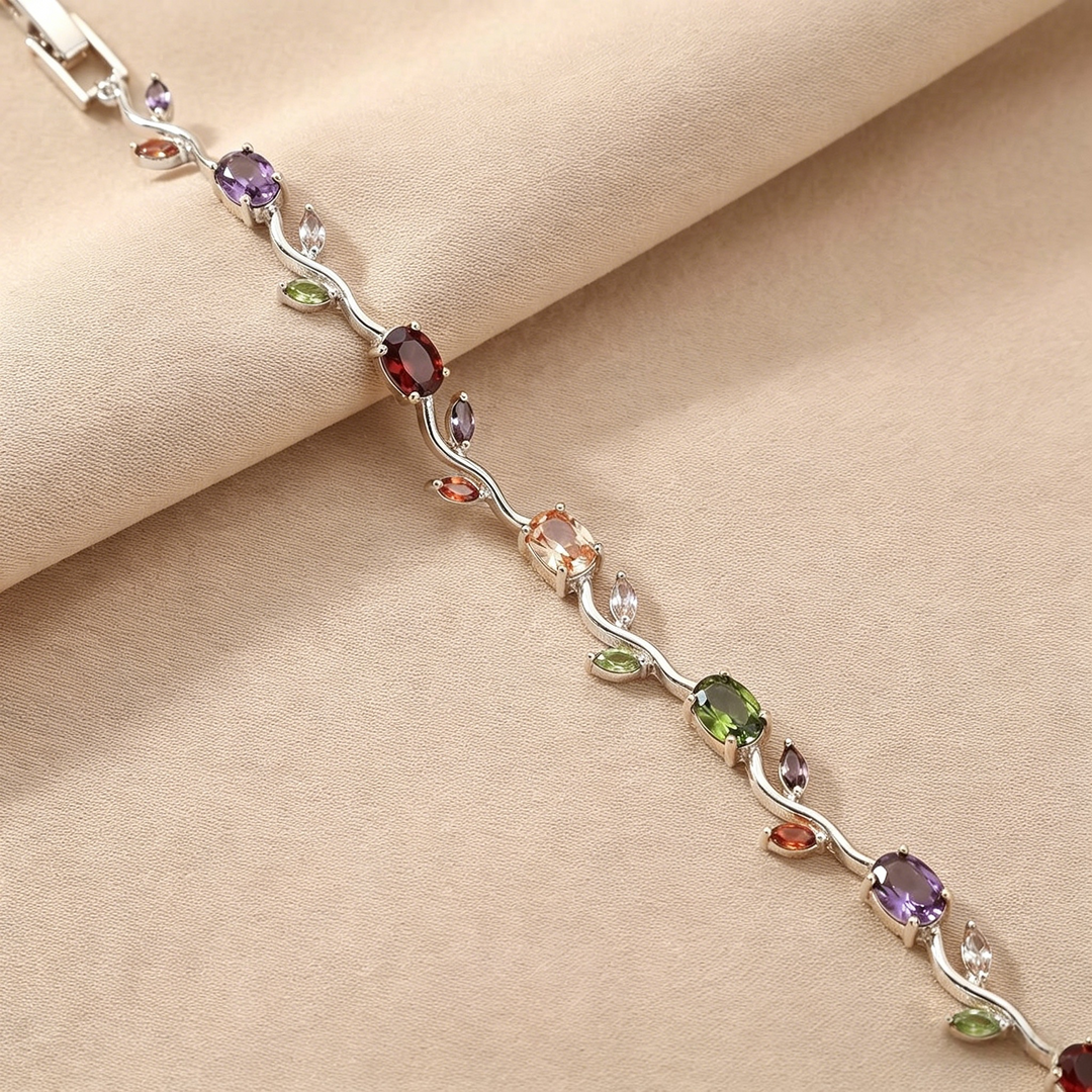 Gold Tone Multicolor Gem Vine Leaf Bracelet | Vintage Nature-Inspired CZ Cuff