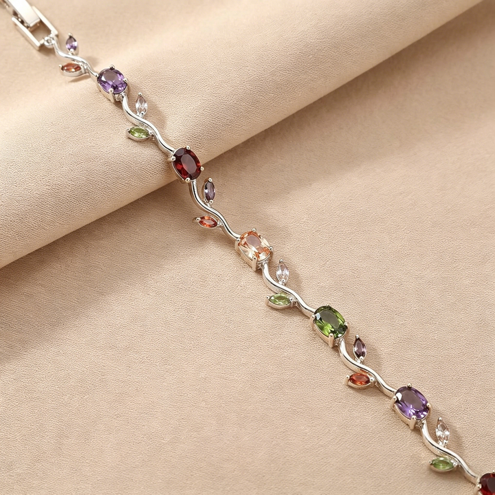 Gold Tone Multicolor Gem Vine Leaf Bracelet | Vintage Nature-Inspired CZ Cuff