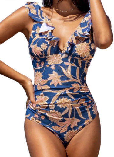 Floral Ruffle-Shoulder Ruched One-Piece Swimsuit