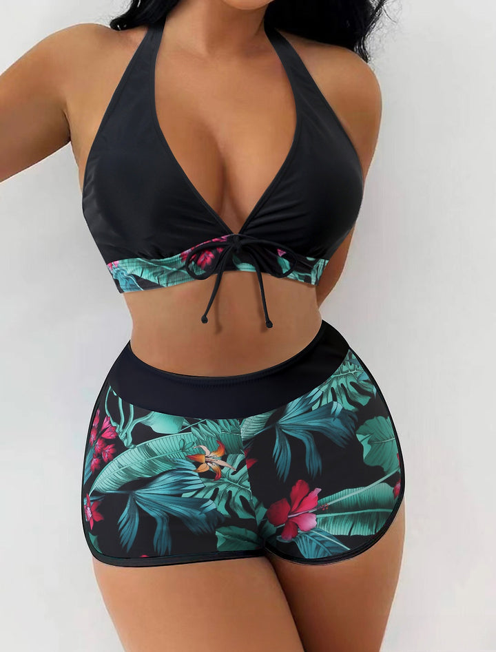Tropical Print Halter Bikini Top &amp;amp; High-Waisted Swim Shorts Set