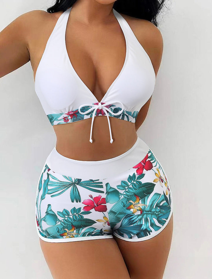 Tropical Print Halter Bikini Top &amp;amp; High-Waisted Swim Shorts Set