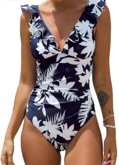 Floral Ruffle-Shoulder Ruched One-Piece Swimsuit