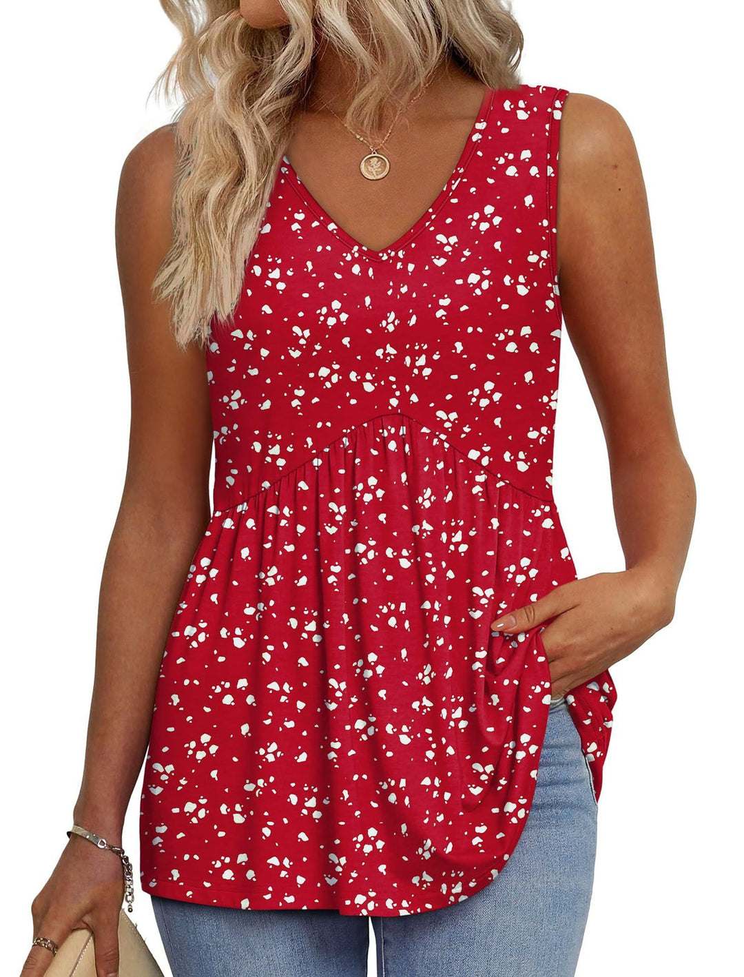 Eyelet Embroidery V Neck Sleeveless Peplum Tank Top With Side Pockets