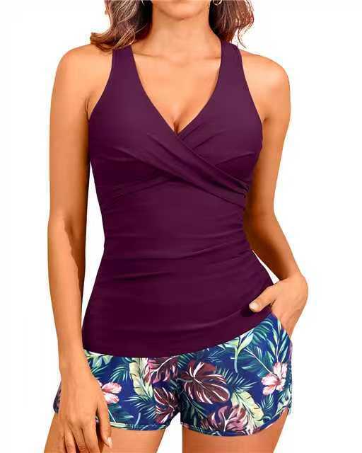 Cross-Front Tankini Top &amp;amp; Floral Swim Shorts Set