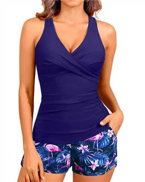 Cross-Front Tankini Top &amp;amp; Floral Swim Shorts Set