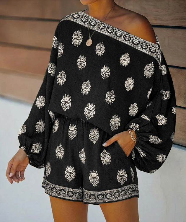 Off-Shoulder Embroidered Two-Piece Short Set | Boho Balloon Sleeve Summer Outfit