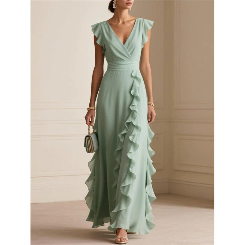 Ruffle Trim V-Neck Evening Maxi Dress