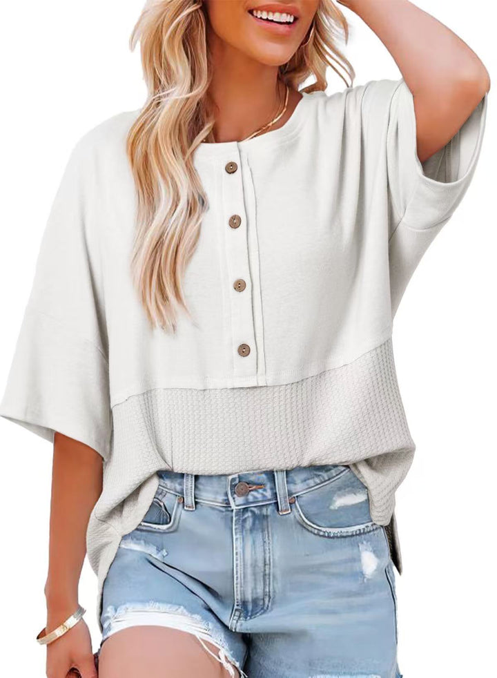 Olive Waffle Knit Henley Short Sleeve Top