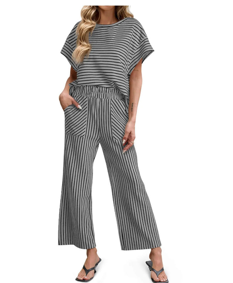 Womens Striped 2 Piece Sets Short Sleeve T Shirts Wide Leg Pants Matching Lounge Set with Pockets