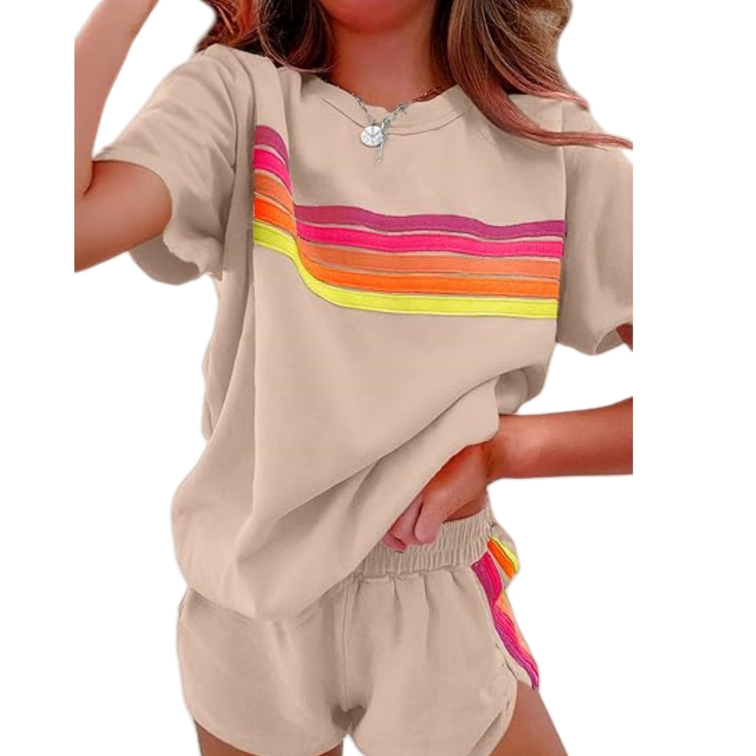 Green Rainbow Stripe Tee &amp;amp; Shorts Loungewear Set