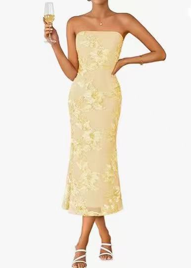 Light Blue Floral Strapless Midi Dress