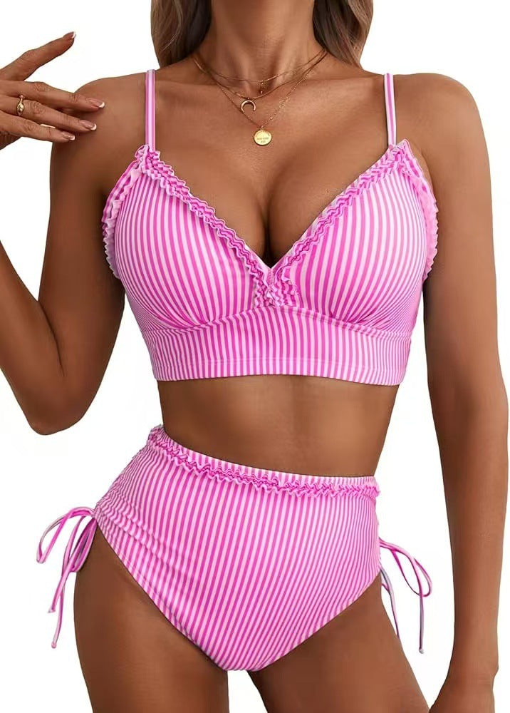 Striped Ruffle High-Waisted Bikini Set