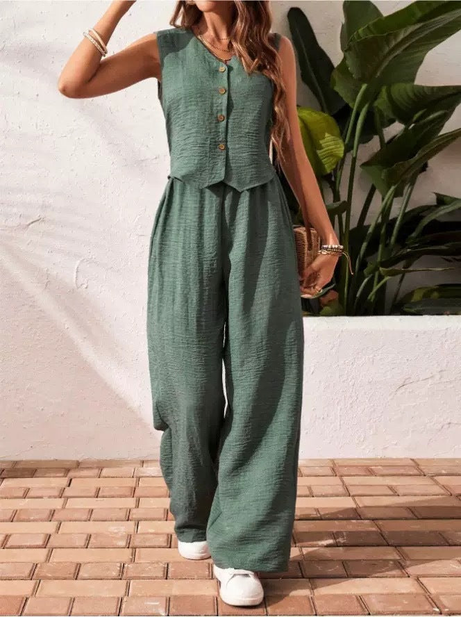 V-Neck Vest &amp; Wide-Leg Pants Two-Piece Set, Casual Loungewear Set for Women